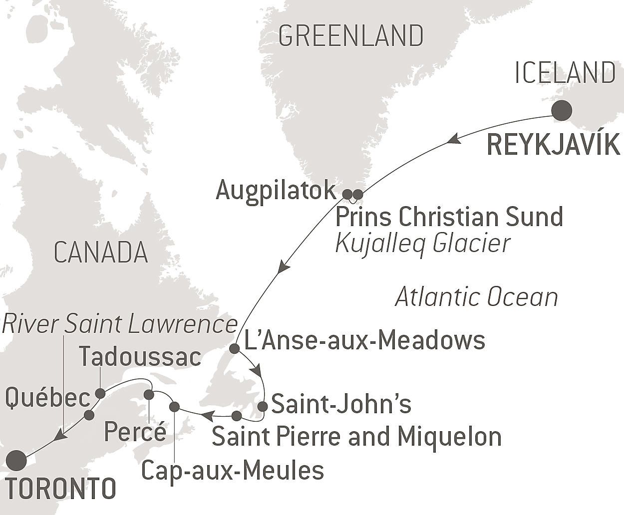 Expedition from Greenland to Canada via Saint Pierre and Miquelon Itinerary Map