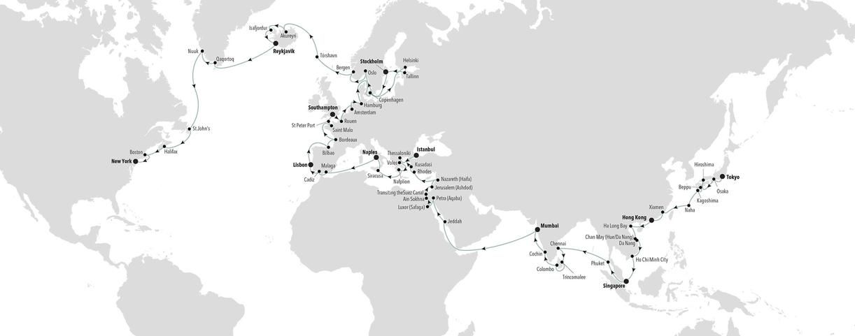 World Cruise 2025 - Tokyo to New York, NY: Controtempo Itinerary Map