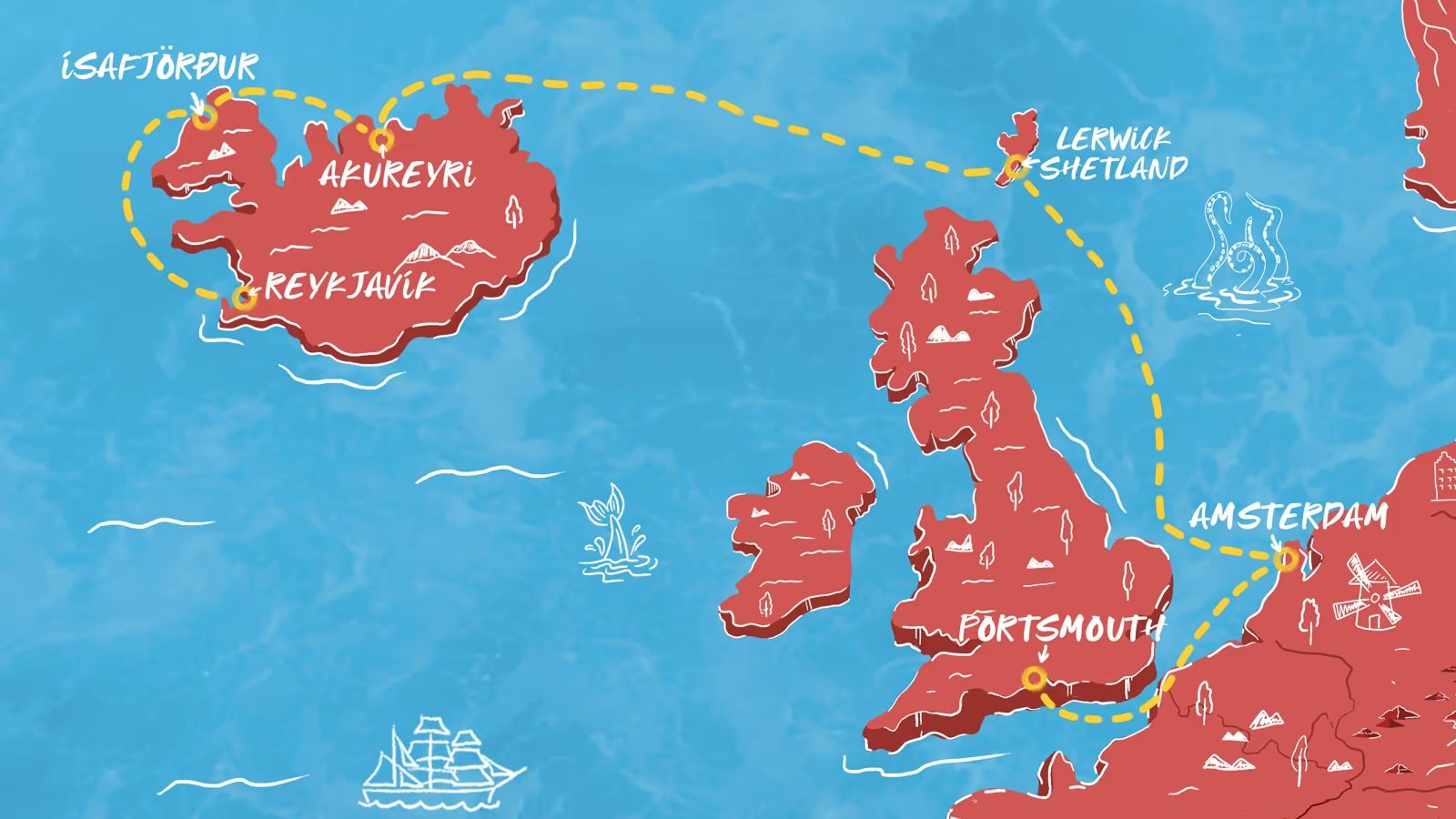 Reykjavik to Amsterdam & Portsmouth Itinerary Map