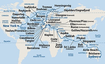 77-Day World Cruise Liner - Sydney to New York Itinerary Map